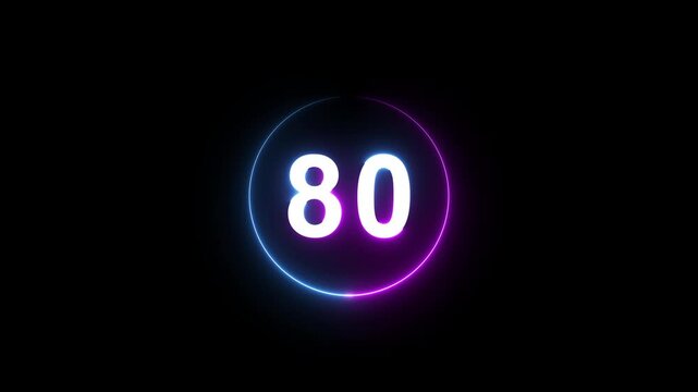 A dynamic circular animation, and glowing count neon number 80 animation . on a black background. and creating a stunning 4k video.
