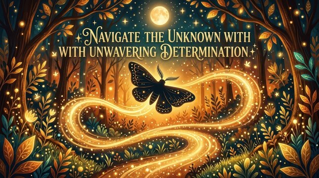 Magical forest path with a silhouetted moth guided by luminous trail and moonlit sky, navigating the unknown
