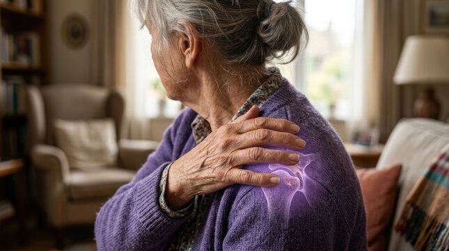 Senior woman holding painful shoulder with glowing purple illuminated rotator cuff joint inflammation at home