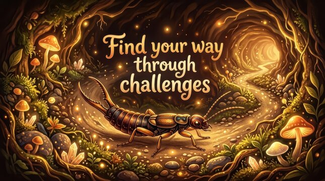 Magical forest path with earwig and mushrooms, inspiring message 'Find your way through challenges'