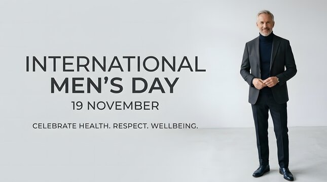 International mens day 19 november greeting card with a confident mature man in a suit isolated on white background