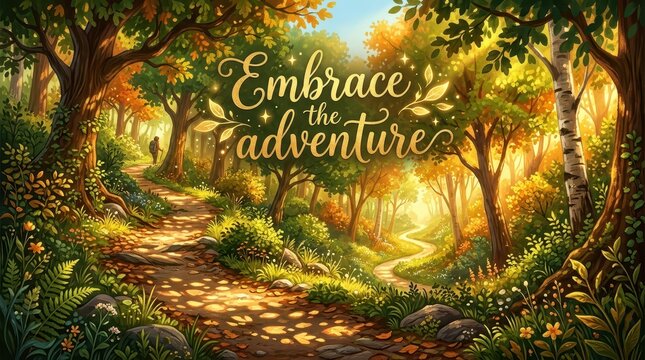 Magical forest path with golden light and "Embrace the Adventure" text, symbolizing journey and exploration