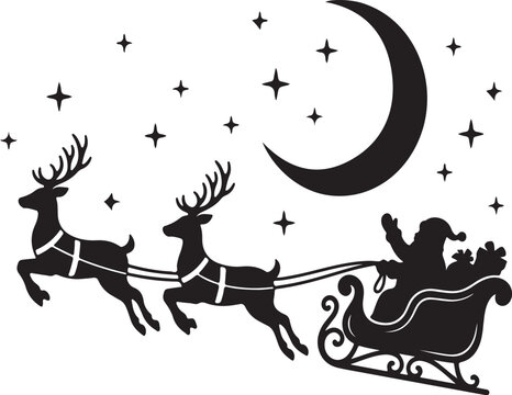 Silhouette of santa claus riding a sleigh with reindeer flying across the night sky with a crescent moon and stars