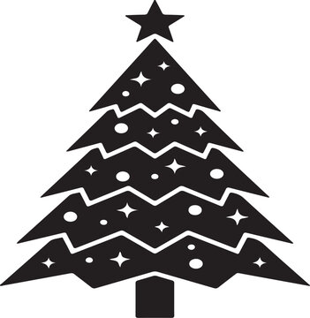 Christmas tree icon with star topper and ornaments, simple flat black vector illustration for holiday season greeting cards and festive designs