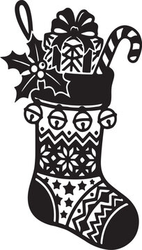 Christmas stocking with gift, candy cane, and holly berries, decorative holiday vector illustration