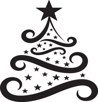 Stylized christmas tree illustration with decorative swirls and stars, elegant festive holiday design element for seasonal greeting cards