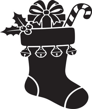 Christmas stocking with gift box, candy cane, and holly berries, festive holiday decoration silhouette icon