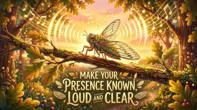 Magical Forest Scene: A Cicada Sings on a Branch Amidst Sunlight, Music Notes, and Inspiring Text