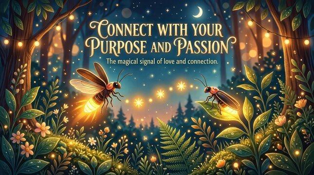 Magical forest scene at night with fireflies lighting up the path, connecting to purpose and passion