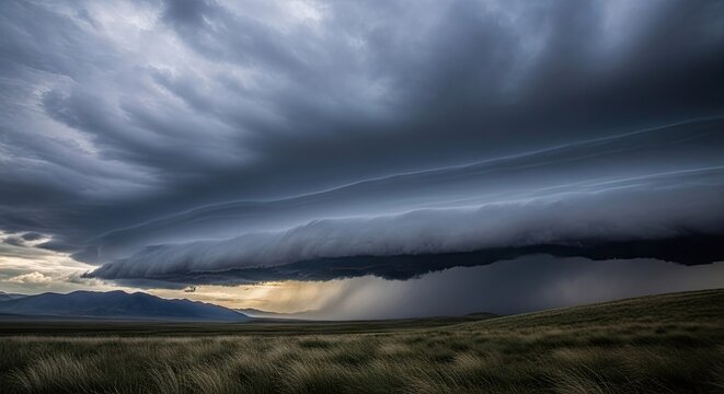 Massive shelf cloud over vast open plains.