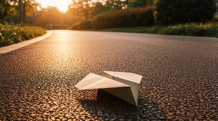 Naklejka premium White paper plane rests on asphalt road during sunset. Close up shot shows origami aircraft on empty urban path. Warm sun light creates long shadows. Concept of childhood dreams, travel, freedom,