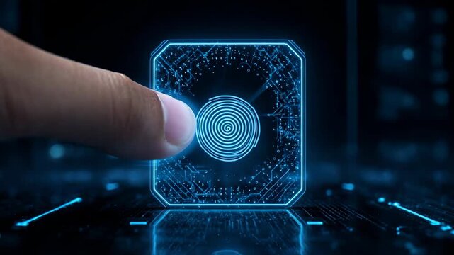 Fingerprint scan authentication with glowing digital interface and futuristic circuit board background during biometric security check