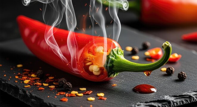 Fresh red chili pepper with spices and rising smoke