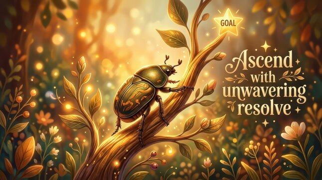 Magical forest scene with a beetle climbing a branch towards a glowing star labeled 'Goal', inspiring text 'Ascend with unwavering resolve'
