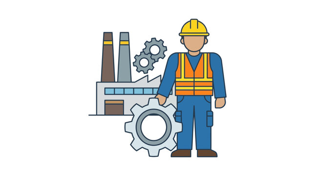 Engineering worker vector illustration with industrial factory background, safety gear, and large gear wheel symbol