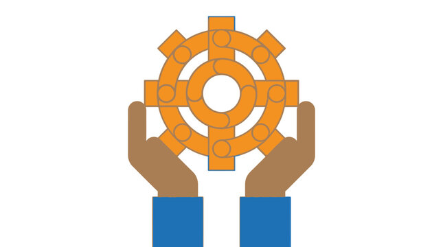 Illustration of worker hands holding a large orange gear symbol, representing labor and industry