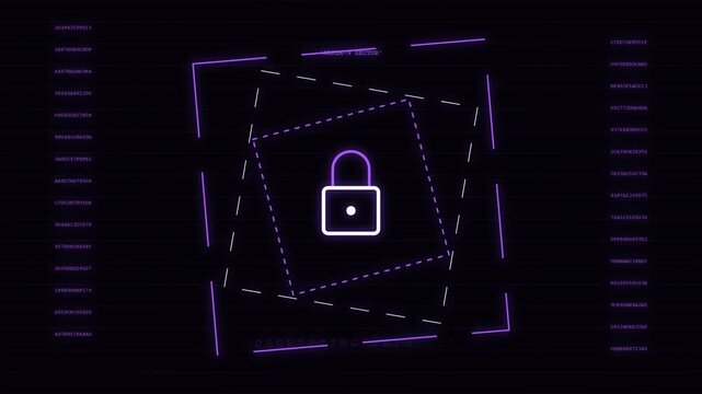 Futuristic Cybersecurity HUD Interface with Glowing Lock Icon and Decrypting Data Animation
