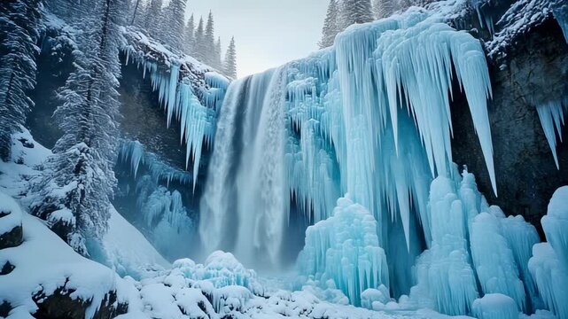 Frozen waterfall cascades with icicles forming during winter's embrace a cinematic winter landscape concept