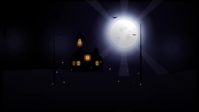 Haunted house at night with moon and bats flying.