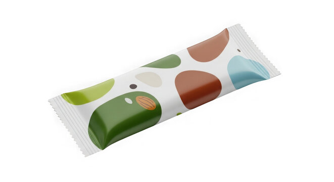 Single snack bar in patterned wrapper isolated on white background