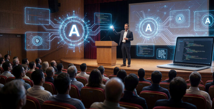 Man presents artificial intelligence concepts using hologram tech to seated audience in university auditorium. Laptop code displayed shows machine learning software and future innovations.