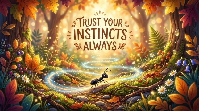 Magical forest scene with an ant following a glowing trail, inspirational quote 'Trust Your Instincts Always'