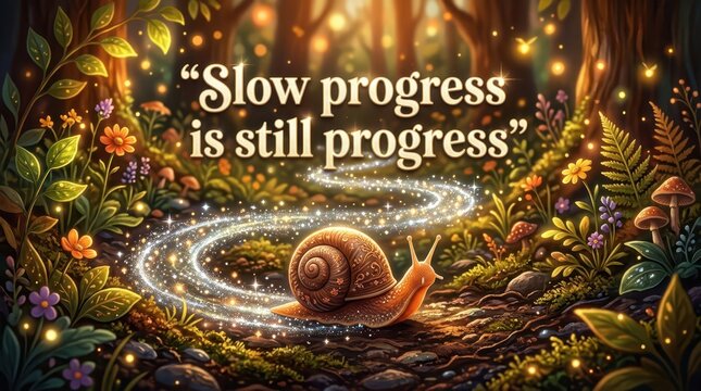 Magical forest scene with a snail leaving a sparkling trail, symbolizing slow but steady progress and perseverance