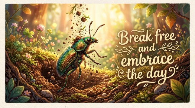 Magical forest scene with a shiny green beetle emerging from the earth, surrounded by clovers and flowers, with motivational text "Break free and embr