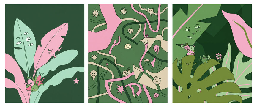 Set of posters, postcards, cards featuring nature, leaves, palm trees in a fun, quirky style. Surreal, amusing characters, perfect for birthday parties and special spring or summer events.