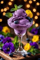 Creamy blueberry ice cream scoops served in glass goblet. Fresh mint leaves, edible pansy flowers, blueberries garnish sweet dessert. Warm bokeh lights create festive mood for summer party restaurant
