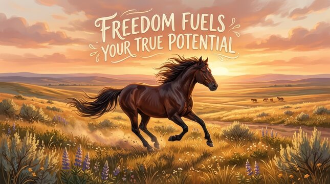 Majestic brown horse running wild in a sun-drenched field at sunset with inspirational text