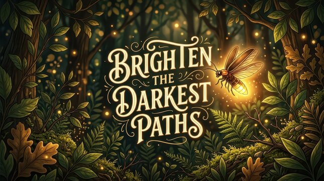 Magical forest scene with firefly and glowing lights, text 'Brighten the Darkest Paths', fantasy illustration