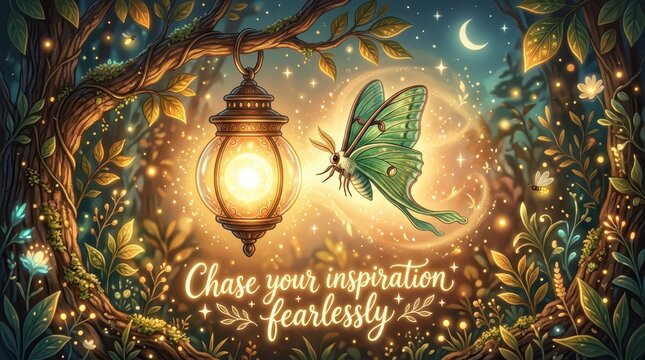 Magical Forest Scene with Glowing Lantern and Luna Moth, Inspiring Nighttime Atmosphere with Fireflies and Crescent Moon