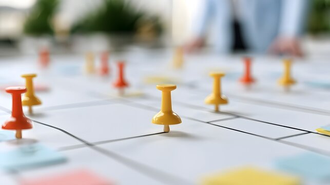 Strategic planning board with colorful pushpins marking key milestones on a grid layout for business or project organization