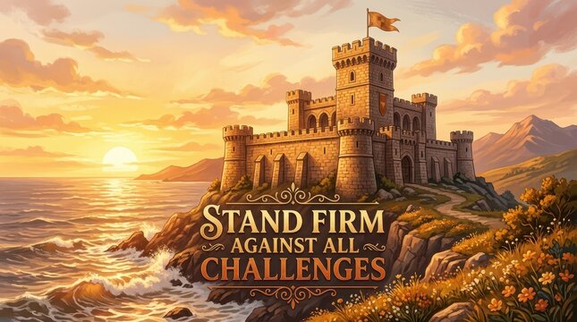 Majestic castle on a cliff overlooking the sea at sunset, with inspirational text 'Stand Firm Against All Challenges'.