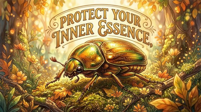 Magical Forest Scene with Golden Beetle and Inspiring Text 'Protect Your Inner Essence'
