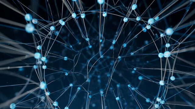 Abstract luminous network pulsing with blue light against dark background during digital data flow