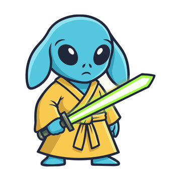Cute cartoon blue alien character wearing a yellow robe holding a neon green glowing plasma sword standing in a heroic pose science fiction character concept