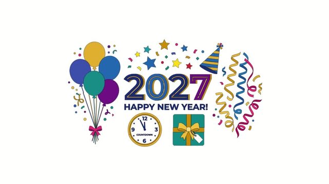 Happy new year 2027 graphic animation showing colorful party balloons with countdown clock and festive streamers for digital motion celebration video and holiday event design project