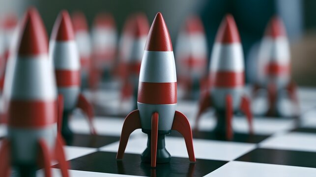 Red and white toy rockets arranged on a checkered surface  symbolizing startup launch or strategic planning in a business context