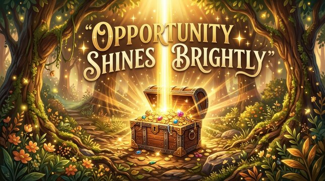 Magical forest treasure chest overflowing with gold coins and jewels, bathed in golden light with 'Opportunity Shines Brightly' text