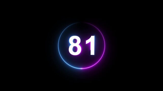 A dynamic circular animation, and glowing count neon number 81 animation . on a black background. and creating a stunning 4k video.