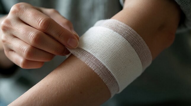 Close up of female hands applying white gauze bandage to injured arm. Person treats wound with medical wrap to stop bleeding protect skin. First aid care for injury accident at home. Healthcare