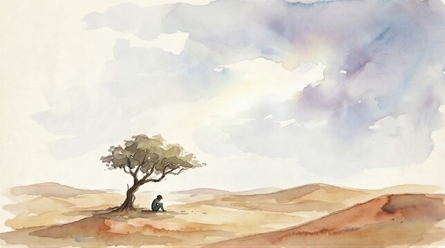 Man sitting alone under a tree in a vast desert landscape. Biblical scene representing solitude, meditation, or the life of a prophet in the wilderness. Christian art watercolor.