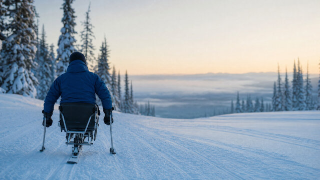 Adaptive skier from behind on quiet snowy trail at dawn