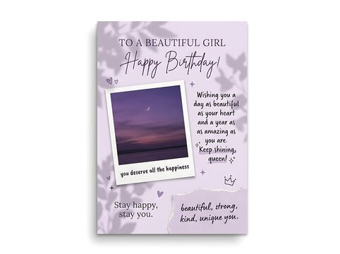 Purple aesthetic birthday greeting card for a girl featuring a polaroid photo of a crescent moon over a lake with inspirational birthday wishes