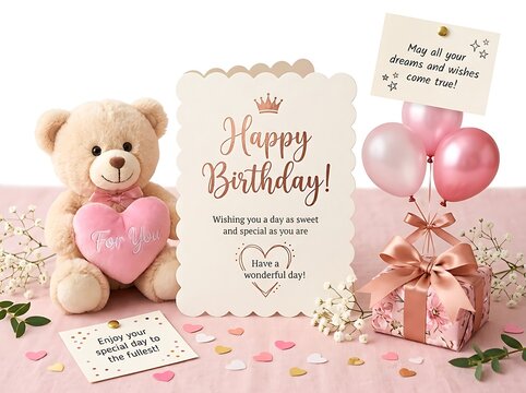 A charming birthday celebration set featuring a cute teddy bear holding a heart, a greeting card, a gift box with balloons, and confetti
