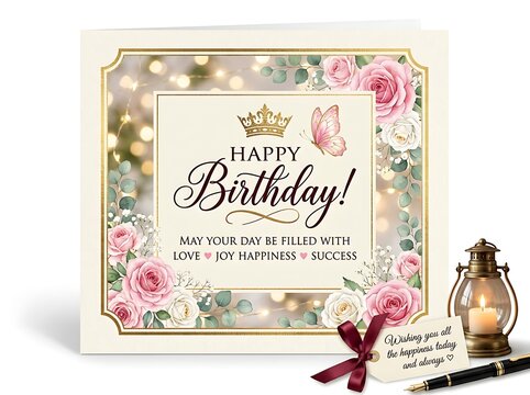 Elegant birthday greeting card with pink roses, golden crown, butterfly, and fairy lights, featuring a heartfelt message and a small gift tag