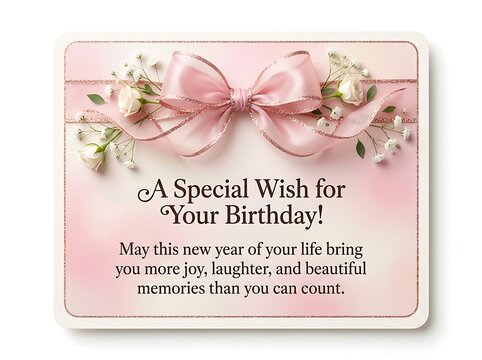 Elegant birthday greeting card with a soft pink bow, delicate white roses, and heartfelt wishes, perfect for celebrating a special occasion