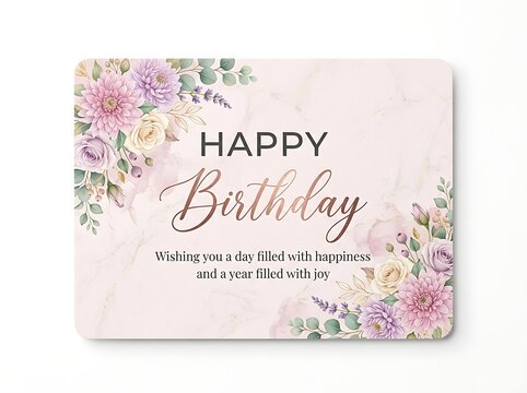 Elegant birthday greeting card with watercolor floral bouquet, rose gold text, and soft pink marble background
